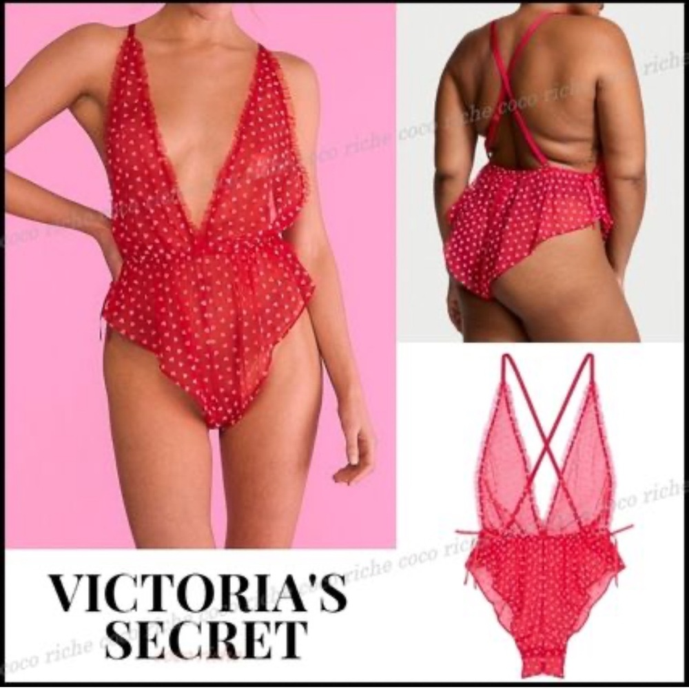 Victoria’s Secret Sheer Pink Polka Dot Bodysuit size L NWOT